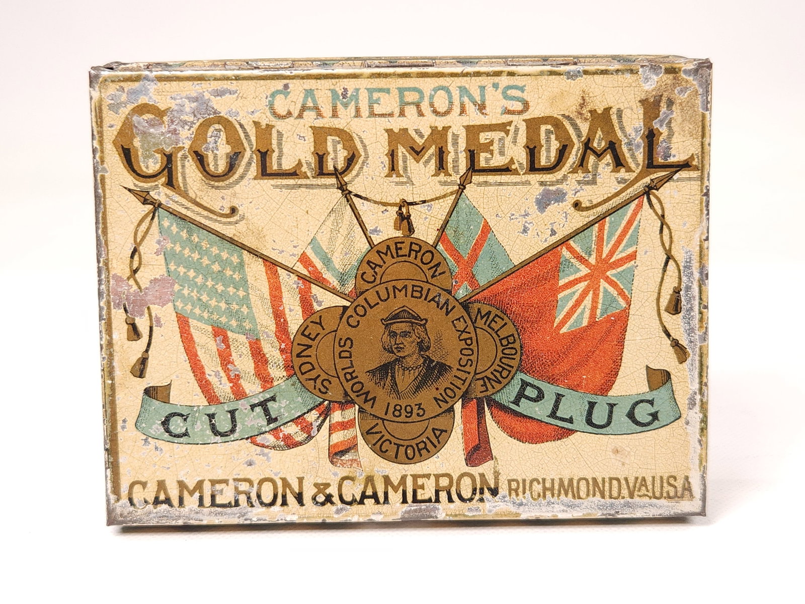 CAMERON'S GOLD MEDAL CUT PLUG TOBACCO TIN: REMAINS IN FAIR TO GOOD CONDITION, SHOWING SOME TYPICAL WEAR.
