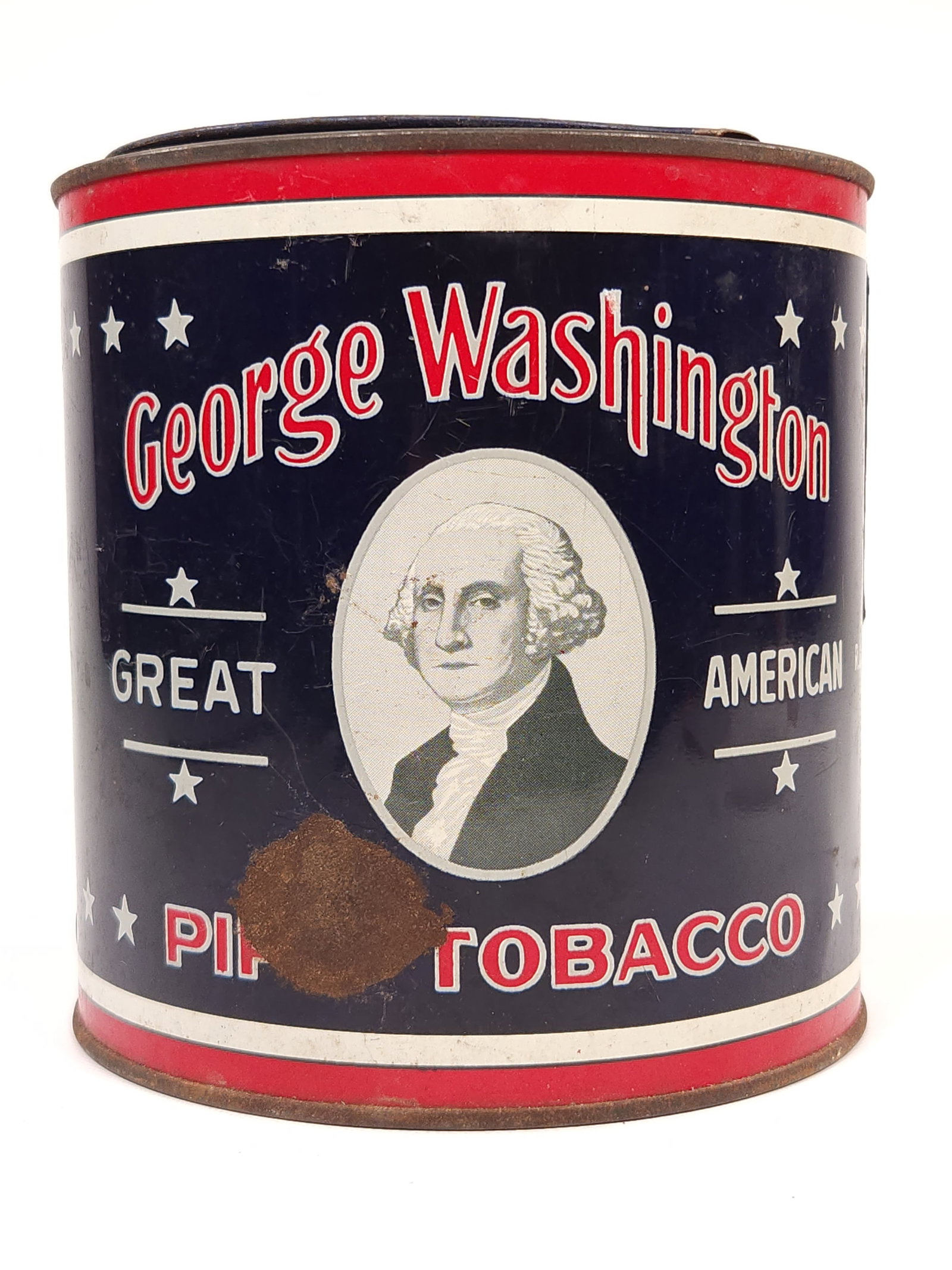 GEORGE WASHINGTON PIPE TOBACCO TIN: REMAINS IN FAIR TO GOOD CONDITION, SHOWING SOME TYPICAL WEAR.