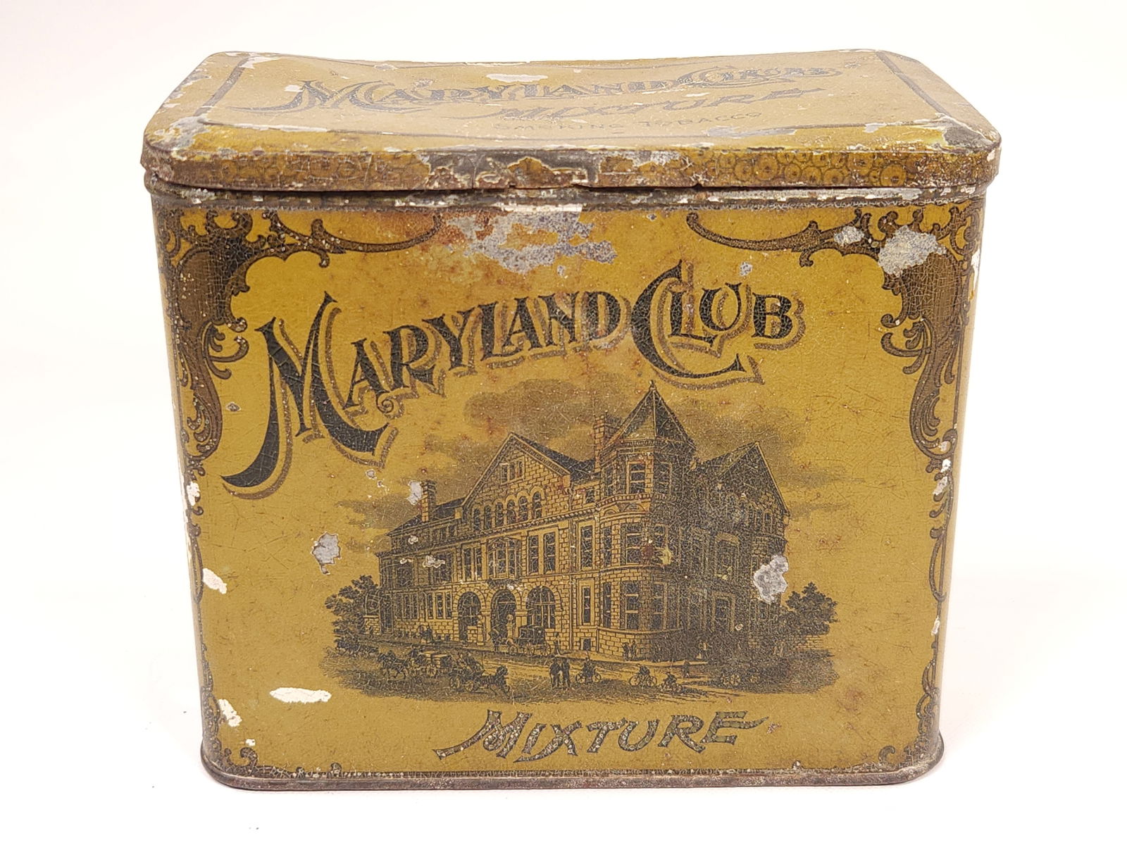 MARYLAND CLUB MIXTURE TOBACCO CIGAR TIN: REMAINS IN FAIR TO GOOD CONDITION, SHOWING SOME TYPICAL WEAR.
