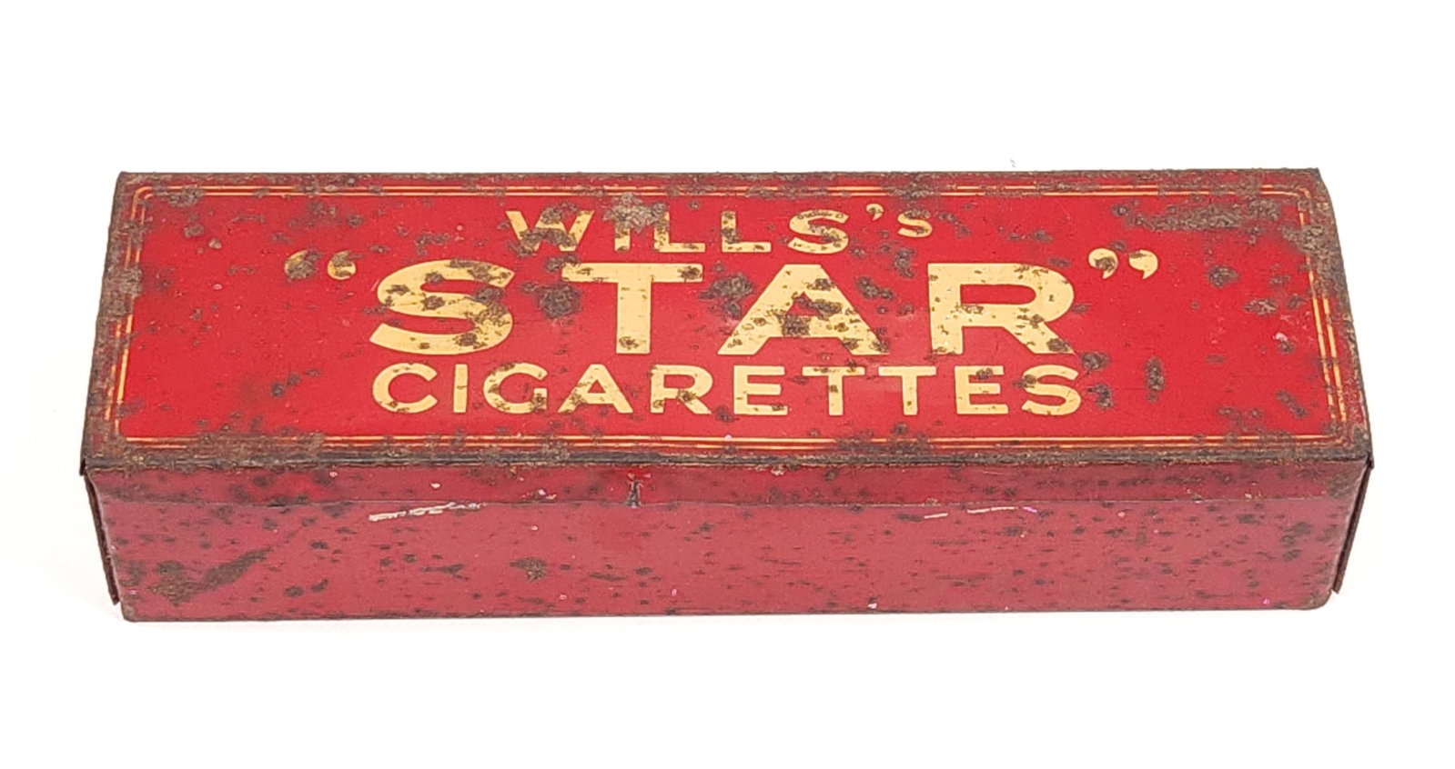 WILLS'S STAR CIGARETTE TOBACCO TIN: REMAINS IN FAIR CONDITION, SHOWING WEAR THROUGHOUT.