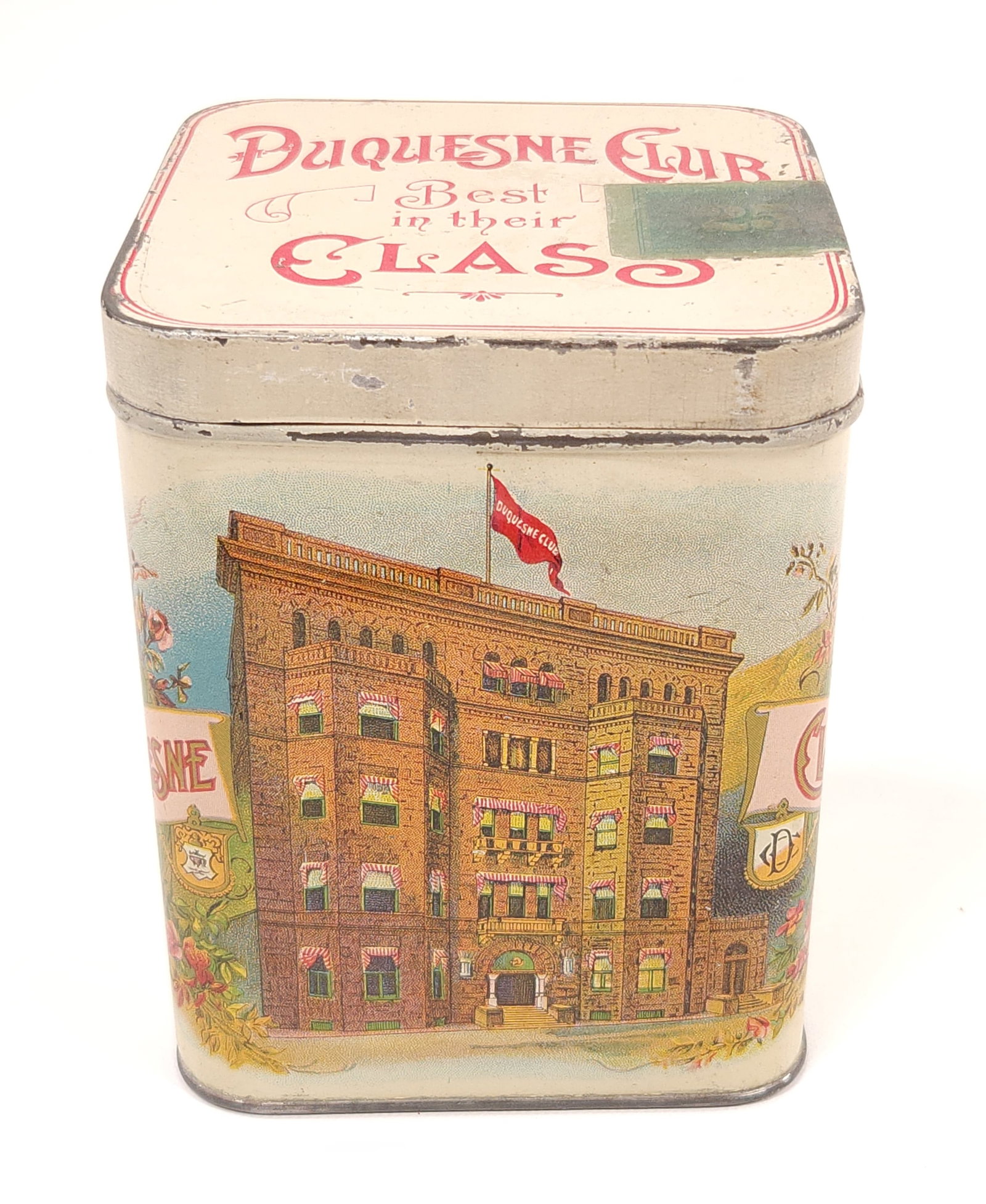 DUQUESNE CLUB CLASS CIGARETTE TOBACCO TIN: REMAINS IN GOOD CONDITION, SHOWING SOME TYPICAL WEAR.