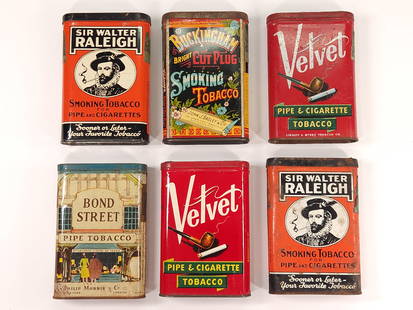 6) POCKET CIGARETTE TINS - VELVET, BUCKINGHAM, RALEIGH: ALL REMAIN IN FAIR TO GOOD CONDITION, SHOWING SOME TYPICAL WEAR.
