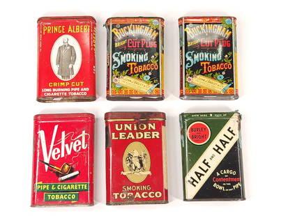 6) POCKET CIGARETTE TINS - BUCKINGHAM, UNION, VELVET: ALL REMAIN IN FAIR TO GOOD CONDITION, SHOWING SOME TYPICAL WEAR.