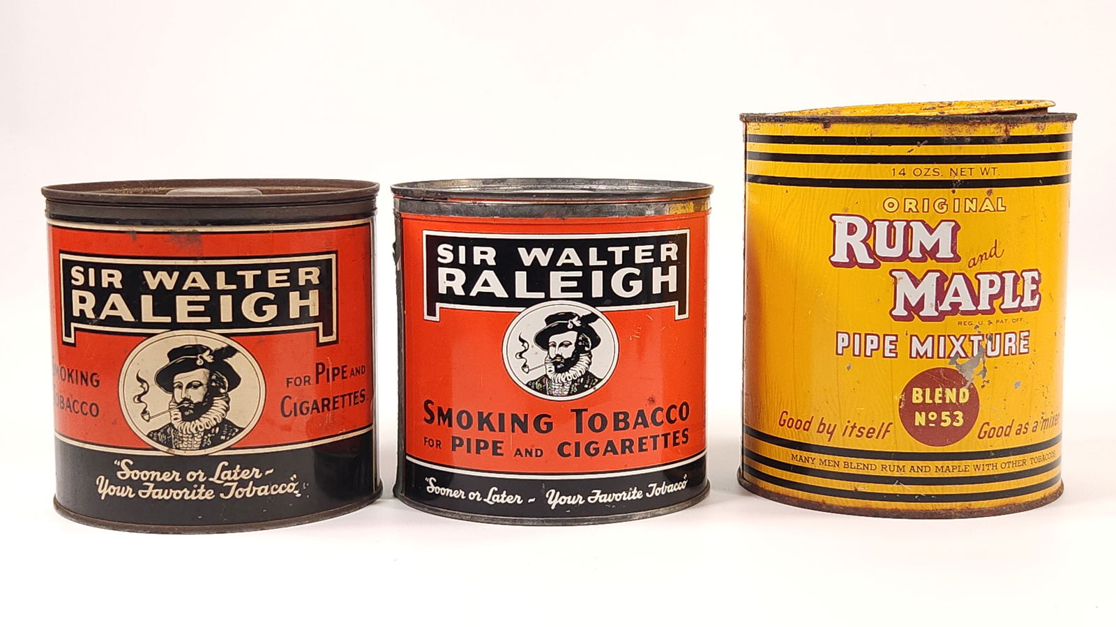 3) TOBACCO TINS - SIR WALTER RALEIGH & RIM MAPLE: ALL REMAIN IN FAIR TO GOOD CONDITION, SHOWING SOME TYPICAL WEAR.