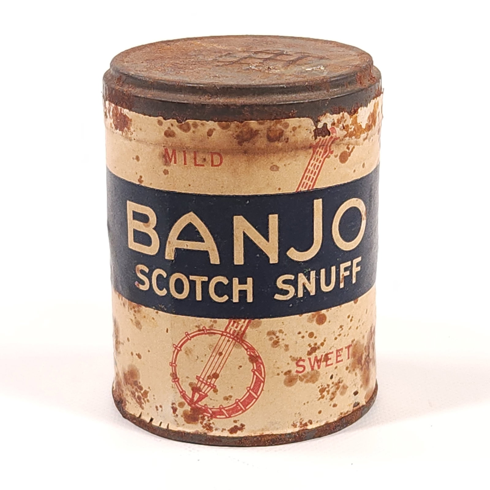 BANJO SCOTCH SNUFF TIN SEALED: REMAINS SEALED, LABEL SHOWING SOME WEAR.