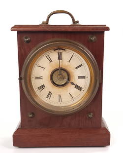 ANTIQUE WOOD CASE MANTEL CLOCK PARTIAL LABEL NY: CLOCK REMAINS IN GOOD CONDITION WITH LIGHT GENERAL WEAR, DUST APPROX. COMBINED DIMENSIONS: 8'' H x 6'' W x 3'' D