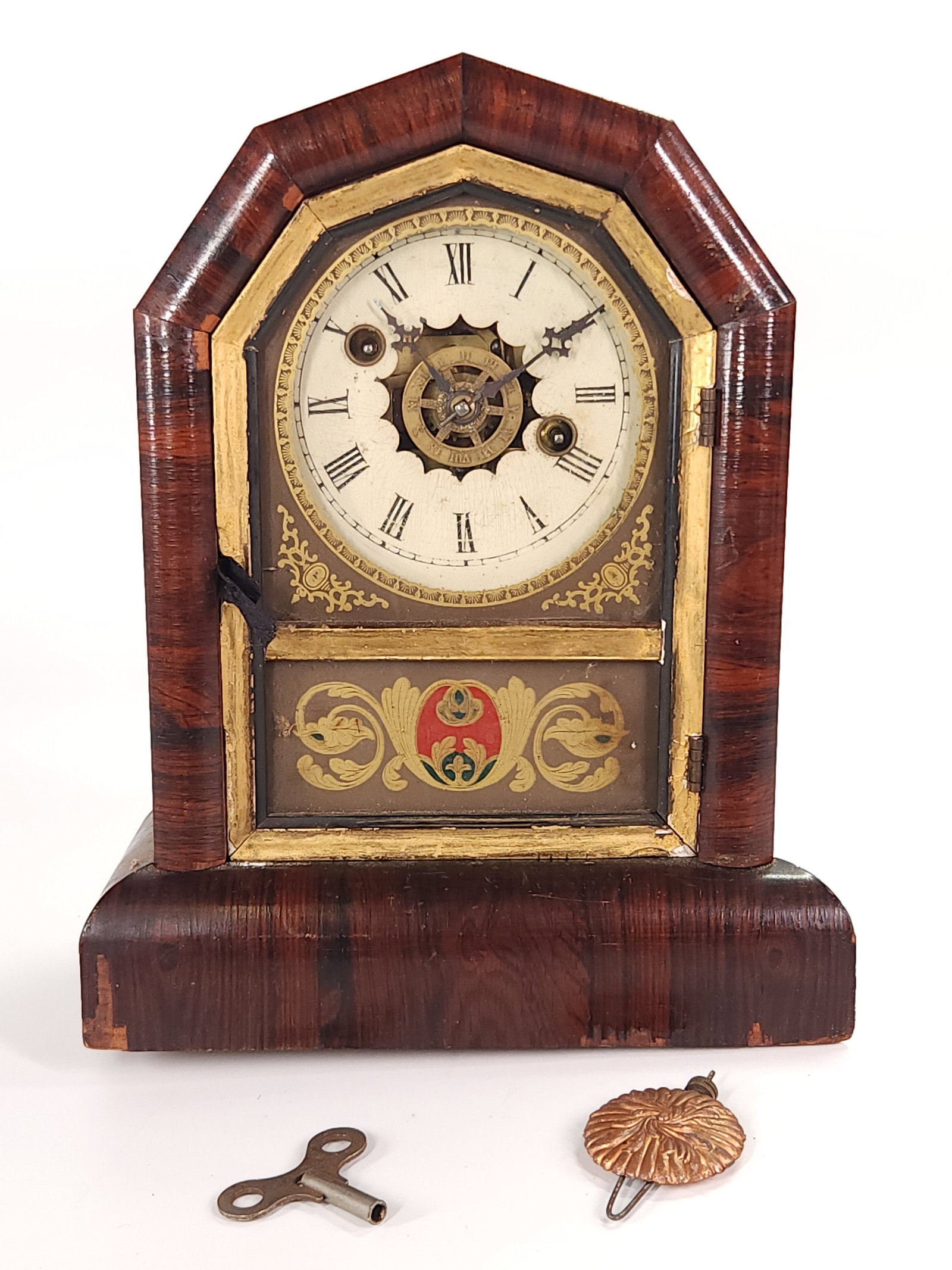 GILBERT ROSEWOOD OCTAGON TOP SHELF CLOCK + KEY (1 of 7)