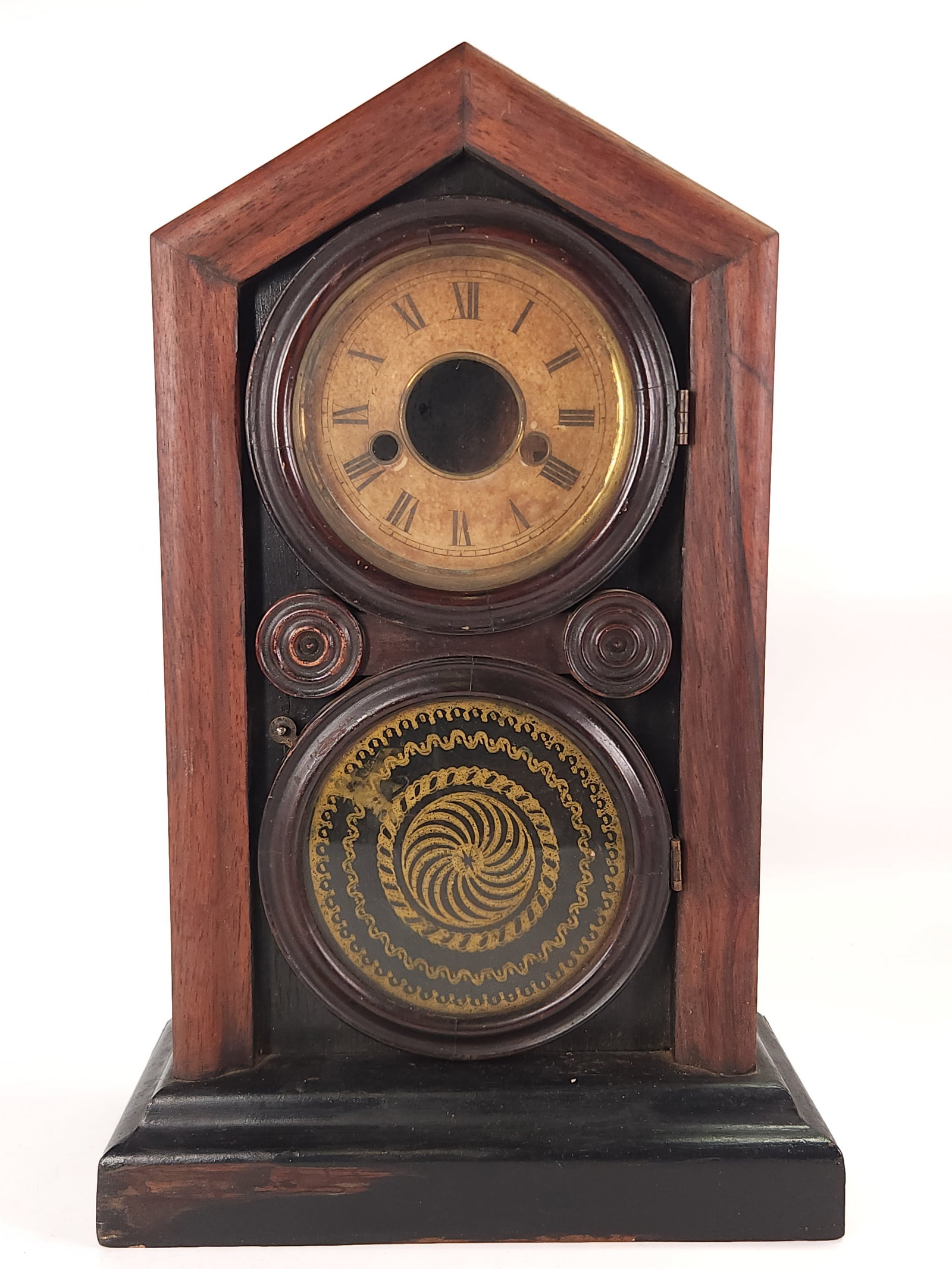 INGRAHAM WOOD CLOCK CASE UNIQUE GOLD SWIRL & ALARM (1 of 8)