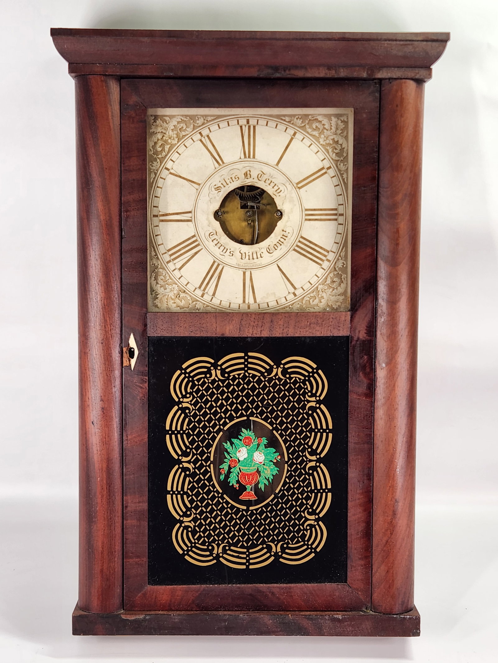 SILAS B TERRY OGEE CASE VENEER CLOCK FLORAL D FELT (1 of 6)