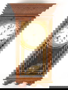 EMBOSSED OAK WOOD REGULATOR WALL CLOCK: CLOCK REMAINS IN GOOD CONDITION WITH LIGHT GENERAL WEAR, INCLUDES KEY & PENDULUM APPROX. COMBINED DIMENSIONS: 20'' H x 10'' W x 5'' D