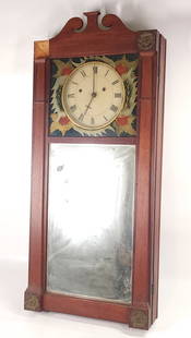 LEVI HUTCHINS MIRROR FACE WALL CLOCK WEIGHT DRIVEN: HUTCHINS ATTRIBUTION FROM HAND WRITTEN NOTE INCLUDED WITH CLOCK. CLOCK REMAINS IN GOOD CONDITION WITH SOME LIGHT WEAR, INCLUDES LOOSE TOP LEFT MEDALLION, PENDULUM & KEY APPROX. COMBINED DIMENSIONS: 33
