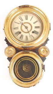 INGRAHAM ORIENTAL REGULATOR WALL CLOCK: CLOCK REMAINS IN FAIR CONDITION WITH SOME LOSSES, LEFT MEDALLION AND LOWER DOOR HAS SEPARATION (INCLUDED) PENDULUM INCLUDED APPROX. COMBINED DIMENSIONS: 20'' H x 12'' W x 5'' D