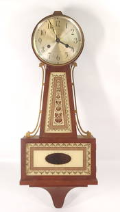 SETH THOMAS BROOKFIELD 6W E 530 BANJO WALL CLOCK: CLOCK REMAINS IN GOOD CONDITION WITH SOME LIGHT WEAR, INCLUDES PENDULUM, TOPPER & KEY APPROX. COMBINED DIMENSIONS: 30'' H x 11'' W x 5'' D