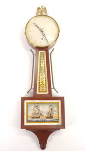 SESSIONS SHIP SCENE BANJO WALL CLOCK: CLOCK REMAINS IN GOOD CONDITION WITH SOME LIGHT WEAR APPROX. COMBINED DIMENSIONS: 26'' H x 8'' W x 3'' D