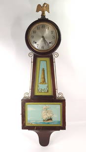 SESSIONS REVERE SHIP SCENE 8 DAY BANJO WALL CLOCK: CLOCK REMAINS IN GOOD CONDITION WITH SOME LIGHT WEAR, INCLUDES KEY & PENDULUM APPROX. COMBINED DIMENSIONS: 36'' H x 12'' W x 5'' D