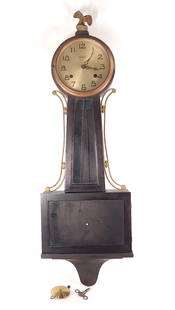 NEW HAVEN WOOD BANJO WALL CLOCK SPRING WOUND: CLOCK REMAINS IN GOOD CONDITION WITH SOME LIGHT WEAR, INCLUDES KEY & PENDULUM APPROX. COMBINED DIMENSIONS: 32'' H x 11'' W x 5'' D
