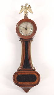 NEW HAVEN 12 DAY WOOD MINI BANJO WALL CLOCK WINDUP: CLOCK REMAINS IN GOOD CONDITION WITH SOME LIGHT WEAR APPROX. COMBINED DIMENSIONS: 14'' H x 5'' W x 3'' D