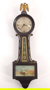NEW HAVEN 12 DAY WOOD MINI BANJO WALL CLOCK WINDUP: CLOCK REMAINS IN GOOD CONDITION WITH SOME LIGHT WEAR APPROX. COMBINED DIMENSIONS: 18'' H x 6'' W x 3'' D