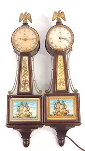 (2) TELECHRON 694 ELECTRIC MINI BANJO WALL CLOCK: CLOCKS REMAIN IN GOOD CONDITION WITH SOME LIGHT WEAR APPROX. COMBINED DIMENSIONS: 21'' H x 8'' W x 10'' D