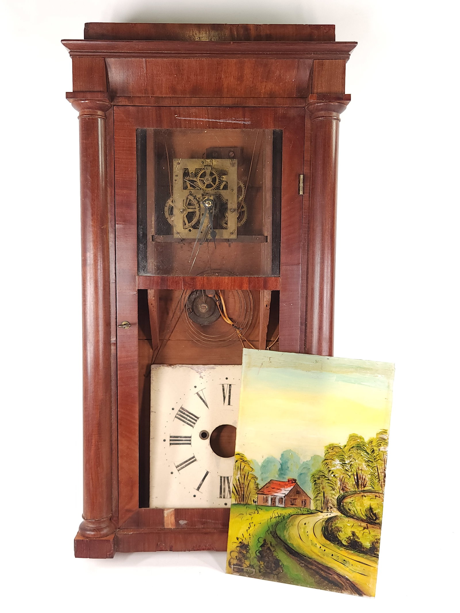 HALF COLUMN VENEER WOOD SHELF CLOCK REVERSE PAINT (1 of 4)