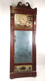 JOSEPH IVES MIRROR WALL CASE CLOCK SHEEPDOG COLUMN: LARGE JOSEPH IVES (ATTRIBUTED FROM INCLUDED HAND WRITTEN STICKER) MIRROR WALL CLOCK WITH ORIGINAL GLASS PANELS FEATURING A PASTORAL DOG AND SHEEP REVERSE PAINTING WITH MINOR LOSSES, MINOR VENEER LOSSE