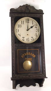 NEW HAVEN REFEREE REGULATOR WALL CLOCK STANDARD: CLOCK REMAINS IN GOOD CONDITION WITH SOME LIGHT GENERAL WEAR, PENDULUM & KEY ARE PRESENT APPROX. COMBINED DIMENSIONS: 39'' H x 16'' W x 6'' D
