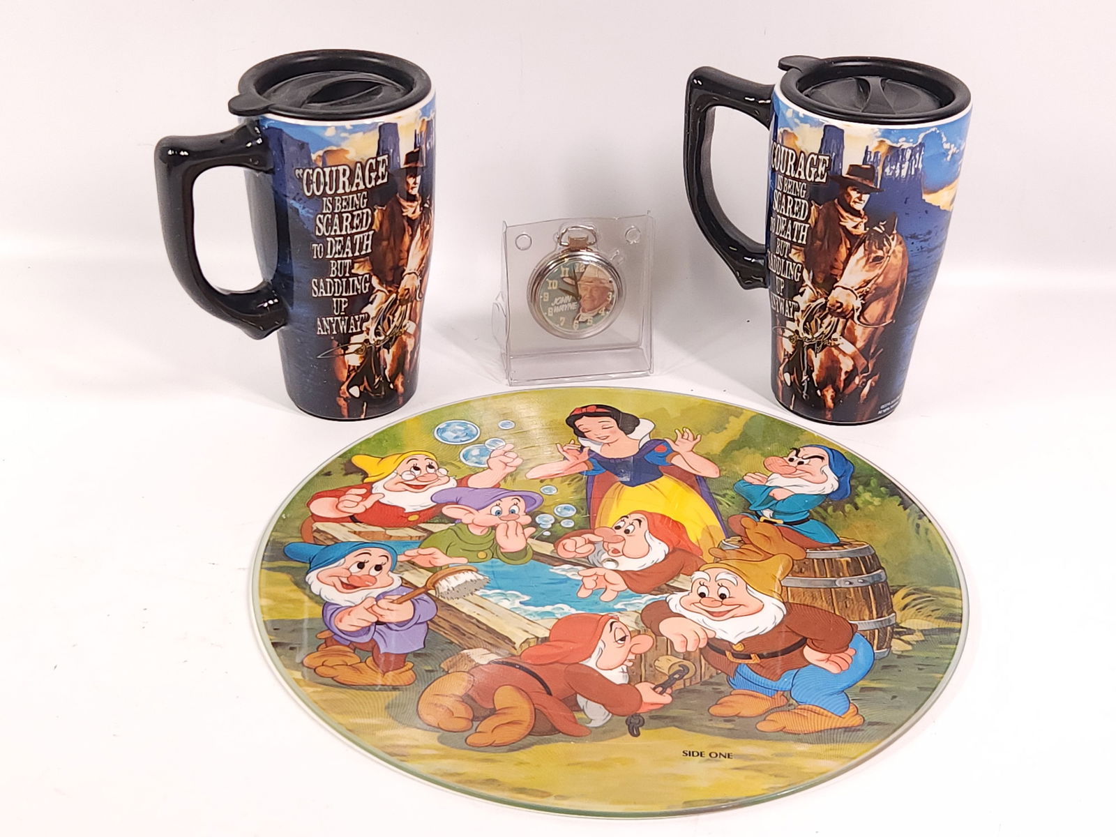JOHN WAYNE MUGS, POCKET WATCH, SNOW WHITE RECORD (1 of 3)