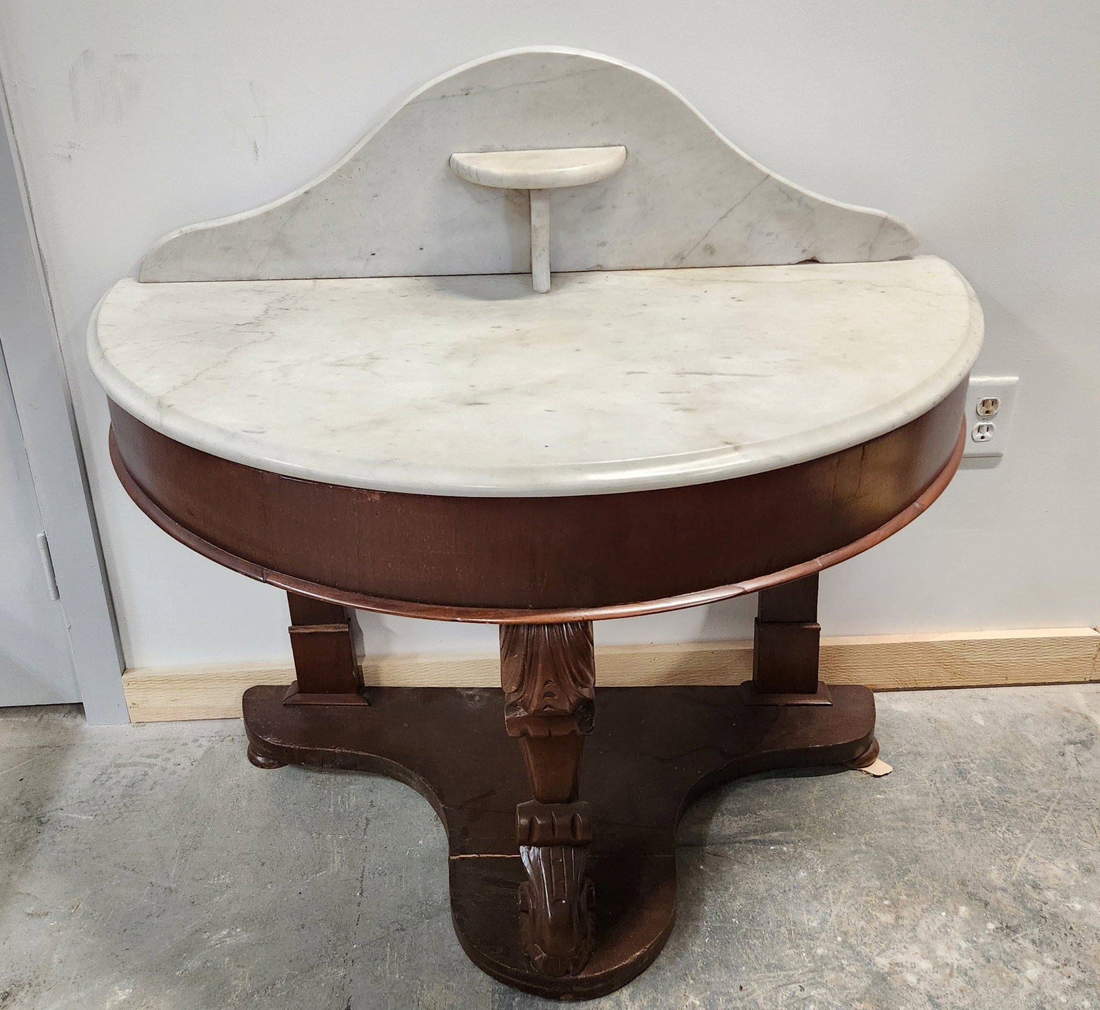 MARBLE TOP TABLE: TABLE IS IN NEED OF SOME REPAIRS TO WOOD, LOOSE PIECES, BREAKS