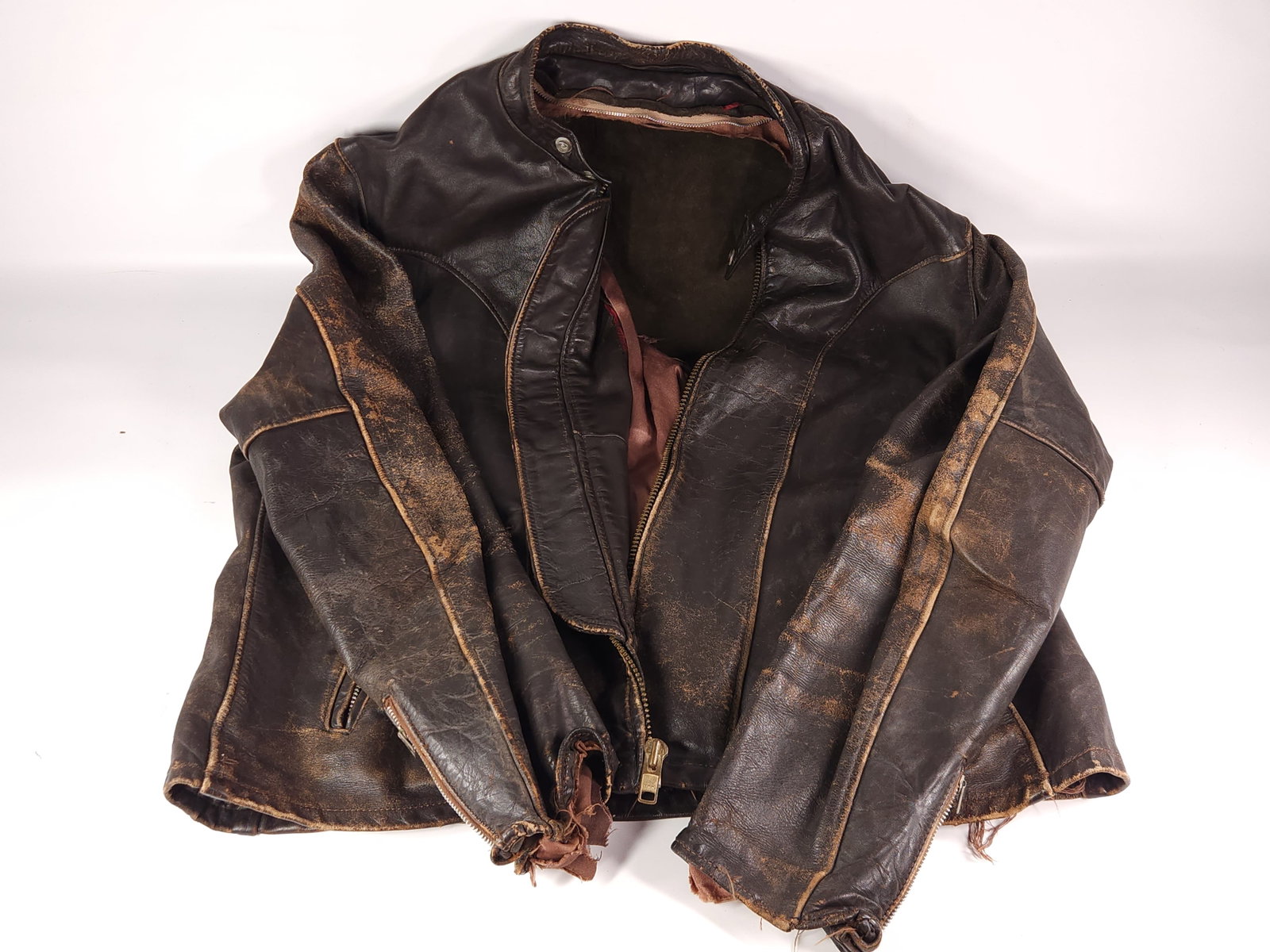 VINTAGE HEAVILY WORN LEATHER JACKET: USED CONDITION SHOWING WEAR