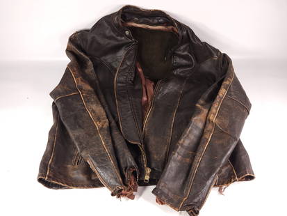 VINTAGE HEAVILY WORN LEATHER JACKET: USED CONDITION SHOWING WEAR