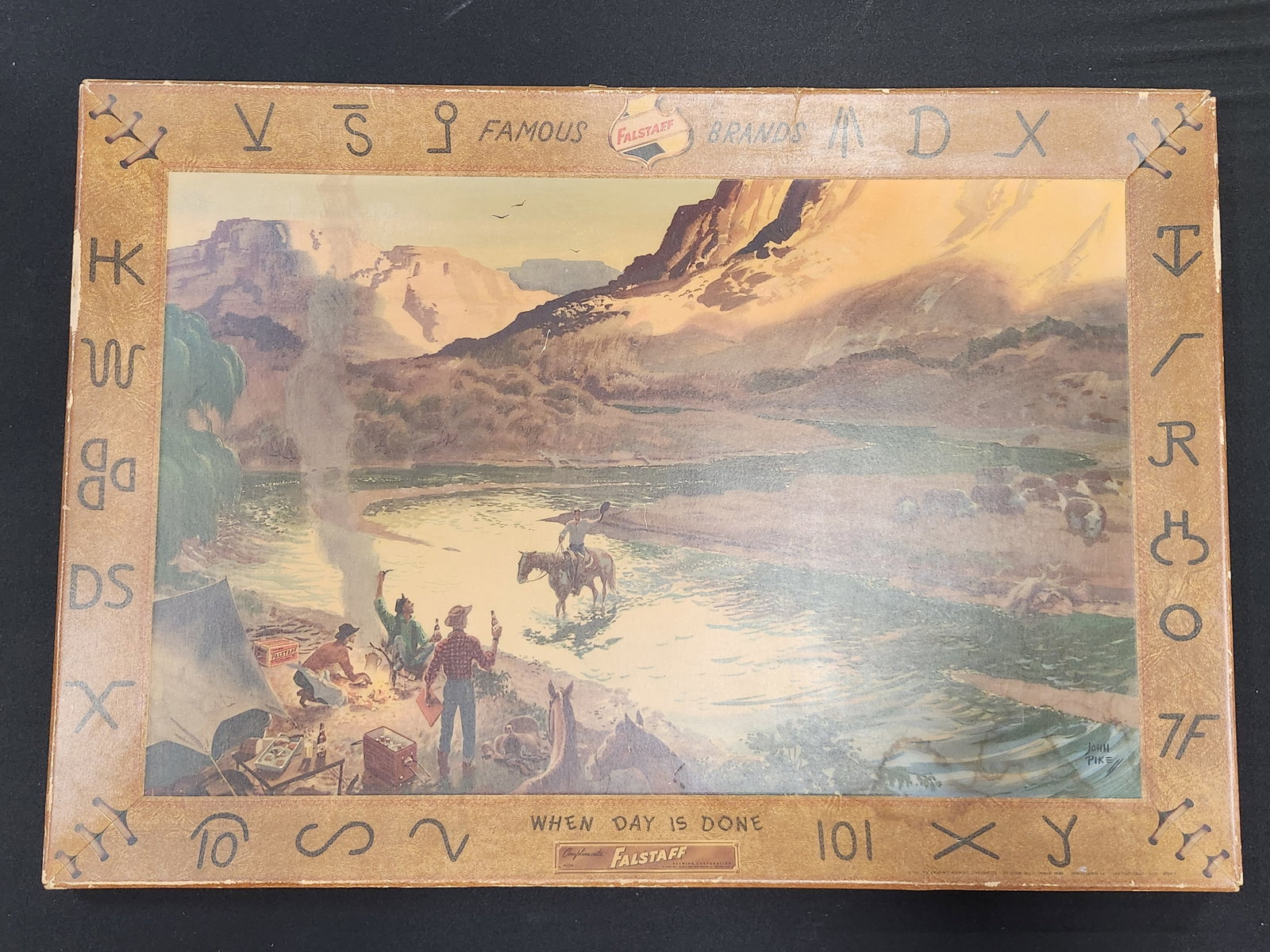 FALLSTAFF "WHEN DAY IS DONE" ADV. CARDBOARD WESTERN SIGN: REMAINS IN GOOD CONDITION SHOWING TYPICAL EDGE WEAR - 30" X 21" X 2"