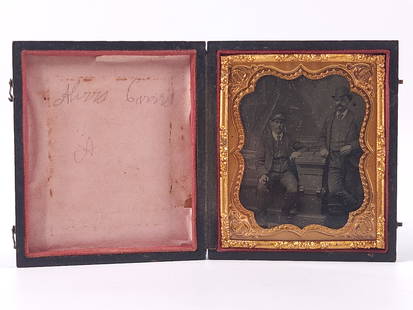 ANTIQUE AMBROTYPE OF RAILROAD CONDUCTORS IN CASE: IMAGE REMAINS IN VERY GOOD CLEAN CONDITION. CASE REMAINS NICE, SHOWING WRITING OF CONDUCTORS NAME ON
