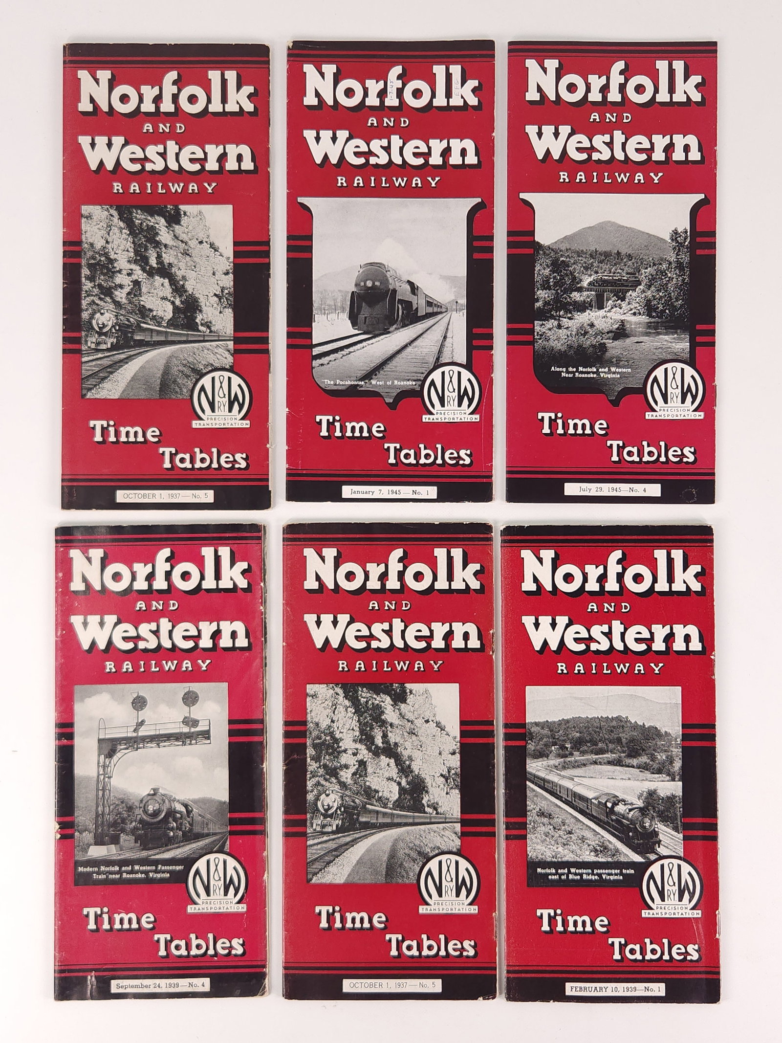 6) 1930's & 1940's NORFOLK WESTERN TIME TABLES: ALL REMAIN IN GOOD CONDITION, SHOWING SOME TYPICAL WEAR.