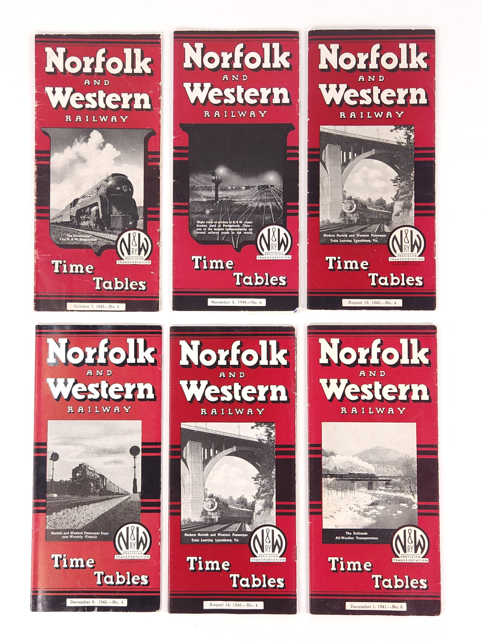 6) 1940's NORFOLK WESTERN TIME TABLES: ALL REMAIN IN GOOD CONDITION, SHOWING SOME TYPICAL WEAR.