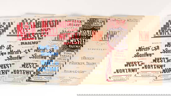 6) VARIOUS NORFOLK & WESTERN RAILROAD TIME TABLES: ALL REMAIN IN FAIR TO GOOD USED CONDITION, SHOWING SOME TYPICAL WEAR.