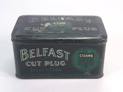BELFAST CUT PLUG TOBACCO CIGAR TIN: REMAINS IN GOOD CONDITION, SHOWING SOME TYPICAL WEAR.