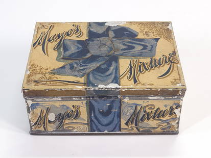 ANTIQUE MAYO'S MIXTURE TOBACCO TIN: REMAINS IN FAIR TO GOOD CONDITION, SHOWING SOME EDGE WEAR.
