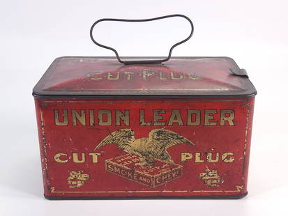 UNION CUT PLUG TOBACCO TIN W/ HANDLE: REMAINS IN FAIR TO GOOD CONDITION, SHOWING SOME TYPICAL WEAR.