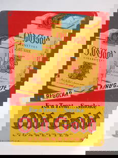 OLD GOLD CIGARETTES ADVERTISING SIGN: REMAINS IN FAIR TO GOOD CONDITION, SHOWING SOME TYPICAL WEAR.