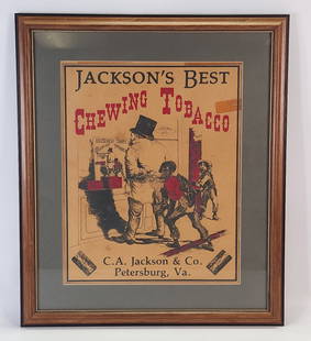 JACKSON'S BEST BLACK AMERICAN CHEWING TOBACCO PAPER SIGN: REMAINS IN GOOD CONDITION, SHOWING SOME TYPICAL WEAR. NICELY FRAMED.
