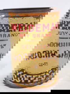 WEIDEMAN CO. ONE POUND MOCHA JAVA COFFEE TIN: REMAINS IN FAIR TO GOOD CONDITION, SHOWING WEAR WITH SOME DENTS.