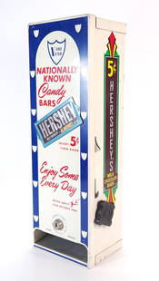 VARI VEND HERSHEY CANDY BARS VENDING MACHINE: REMAINS IN GOOD CONDITION, SHOWING SOME TYPICAL WEAR. KEY INCLUDED.
