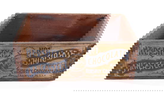 EARLY HERSHEY'S LANCASTER PA CHOCOLATE BOX W/ PAPER LABEL: FINGER JOINTED WOOD BOX REMAINS IN GOOD CONDITION, SHOWING SOME GENERAL WEAR. ORIGINAL PAPER LABEL REMAINS NEAR COMPLETE WITH SOME TEARS AND SLIGHT STAINING.