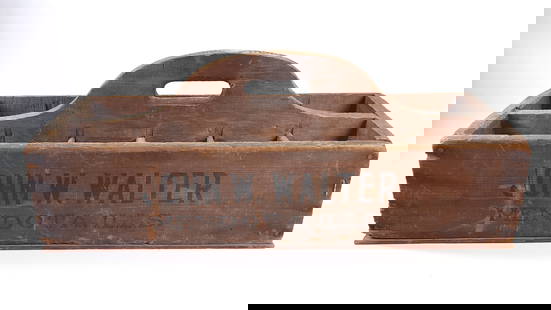 EARLY JOHN W WALTER MENDOTA ILLINOIS WOOD TOOL BOX: REMAINS IN FAIR CONDITION, SHOWING TYPICAL USAGE WEAR.
