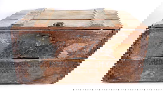 EARLY HOOSIER CREAM CO. WOOD BOTTLE CRATE: REMAINS IN ROUGH CONDITION, SHOWING CRACKS TO WOOD. A PIECE BROKEN OUT OF THE BACK.
