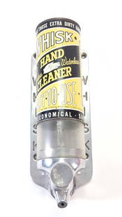 ANTIQUE WHISK HAND CLEANER DISPENSER W/ BOTTLE: METAL DISPLAY REMAINS NICE. METAL CAN REMAINS NICE.