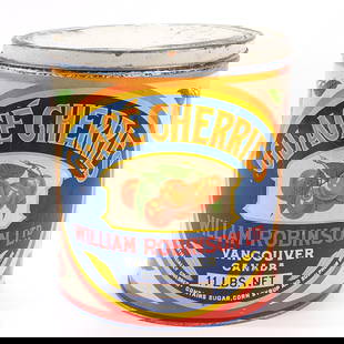 WILLIAM ROBINSON LTD GLACE CHERRIES VANCOUVER CANADA TIN: 11 POUND TIN REMAINS IN FAIR TO GOOD CONDITION, SHOWING SOME TYPICAL WEAR.