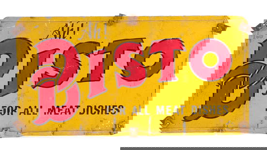 SAXA SALT AH" BISTO MEAT DISHES TIN LITHO SIGN: REMAINS IN FAIR CONDITION, SHOWING WEAR WITH BENDS.