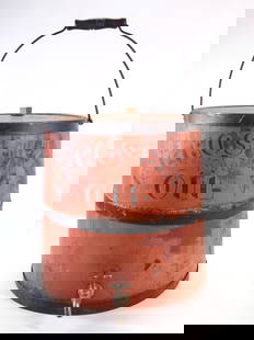 ANTIQUE RED PAINTED KEROSENE OIL WOOD BUCKET W/ SPOUT: REMAINS IN GOOD CONDITION, SHOWING SOME TYPICAL USAGE / AGE WEAR.