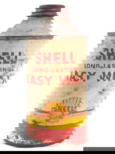 SHELL LONG LASTING EASY WAX CONE TOP CAN: REMAINS IN FAIR CONDITION, SHOWING WEAR WITH DENTS.